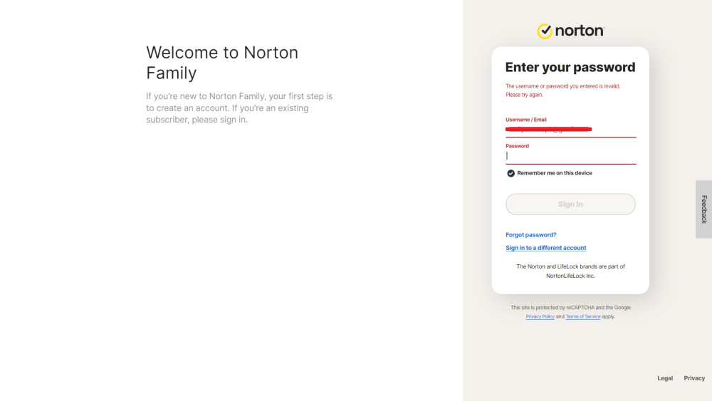 Incorrect Norton Family login details